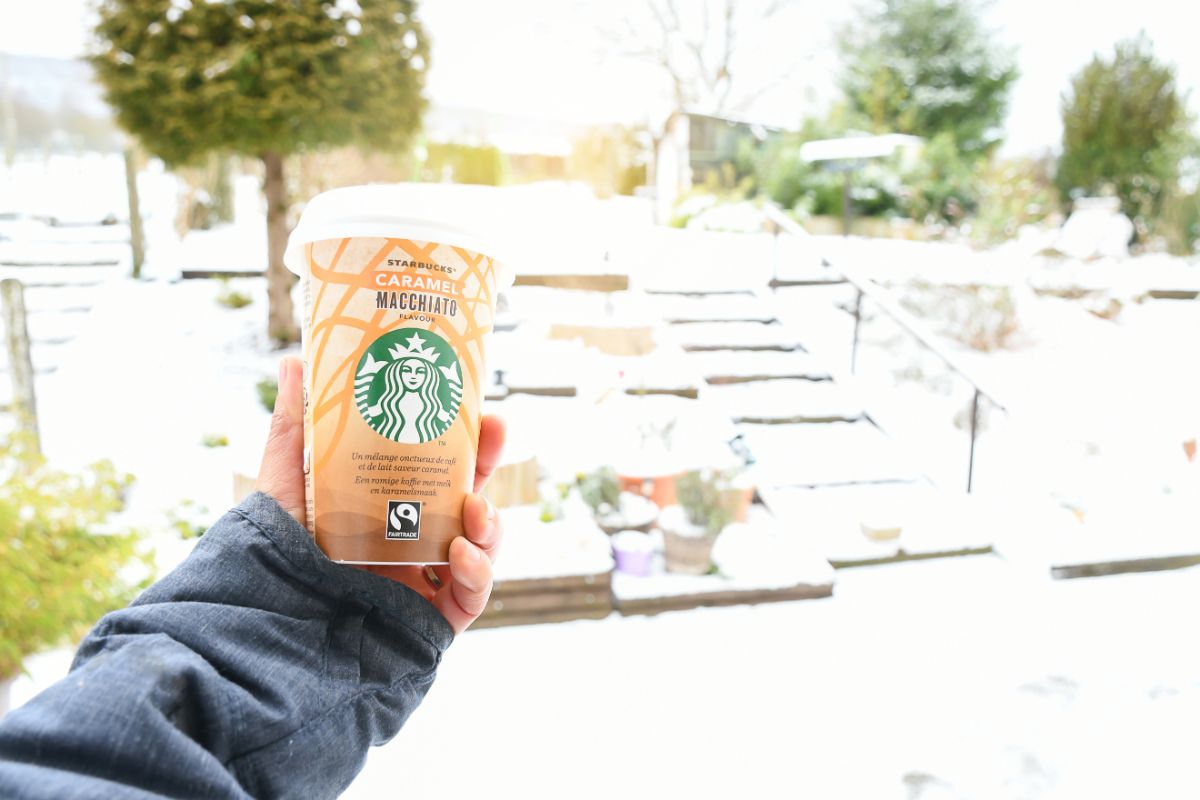 a hand holds a takeaway caramel macchiato starbucks cup infront of a garden