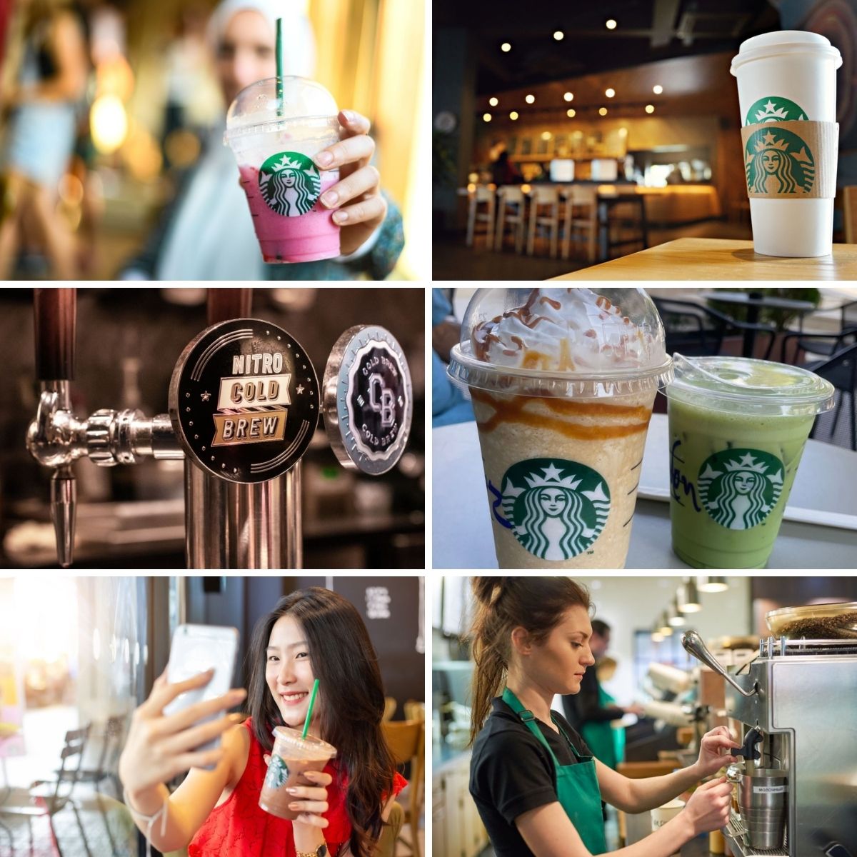 Collage photo featuring images of tik-tok starbucks drinks.