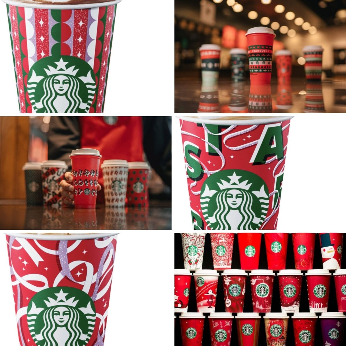 Collage photo featuring Starbucks holiday cups.